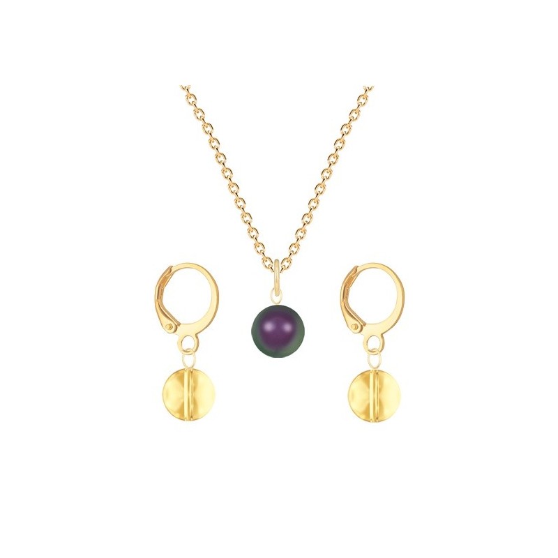 Gold Plated Premium Steel Iridescent Purple Crystal Pearl Pendant With Golden Shadow Austria Globe Hoop Earrings Set