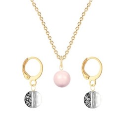 Gold Plated Premium Steel Rosaline Pink Crystal Pearl Pendant With Black Patina Austria Globe Hoop Earrings Set