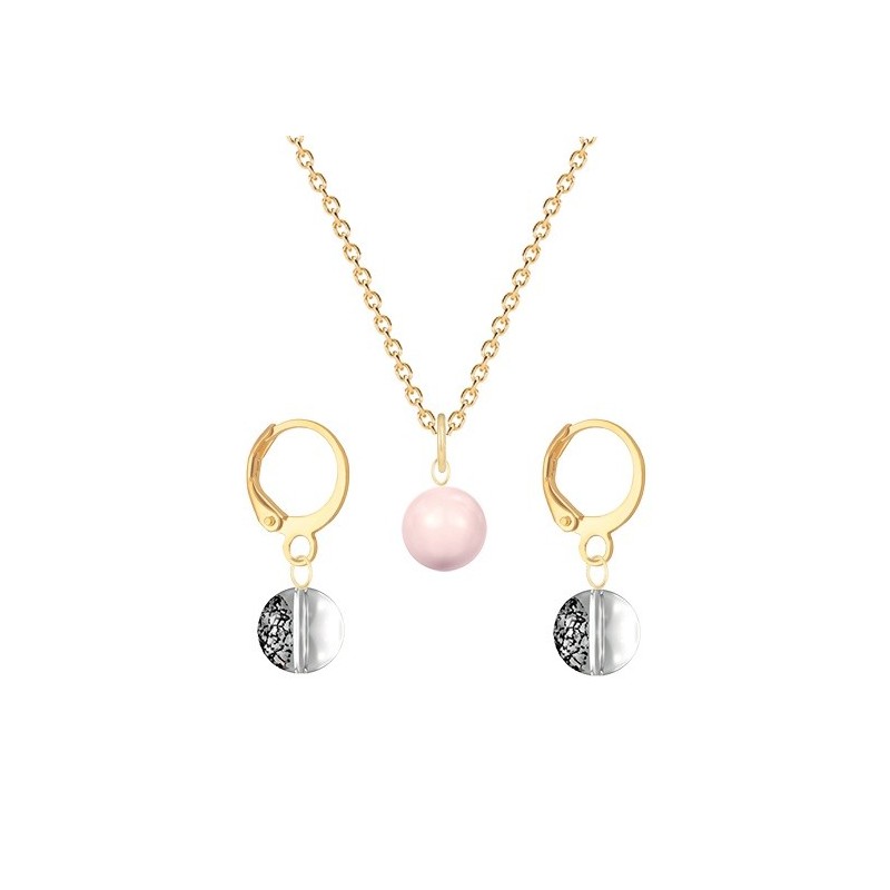 Gold Plated Premium Steel Rosaline Pink Crystal Pearl Pendant With Black Patina Austria Globe Hoop Earrings Set