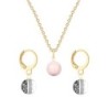 Gold Plated Premium Steel Rosaline Pink Crystal Pearl Pendant With Black Patina Austria Globe Hoop Earrings Set