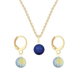 Gold Plated Premium Steel Dark Lapis Crystal Pearl Pendant With Iridescent Green Austria Globe Hoop Earrings Set