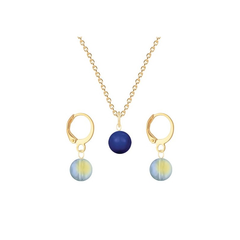 Gold Plated Premium Steel Dark Lapis Crystal Pearl Pendant With Iridescent Green Austria Globe Hoop Earrings Set