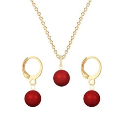 July Birthpearl Gold Plated Premium Steel Corel Red 8mm Austrian Crystal Pearl Pendant With Earrings Set