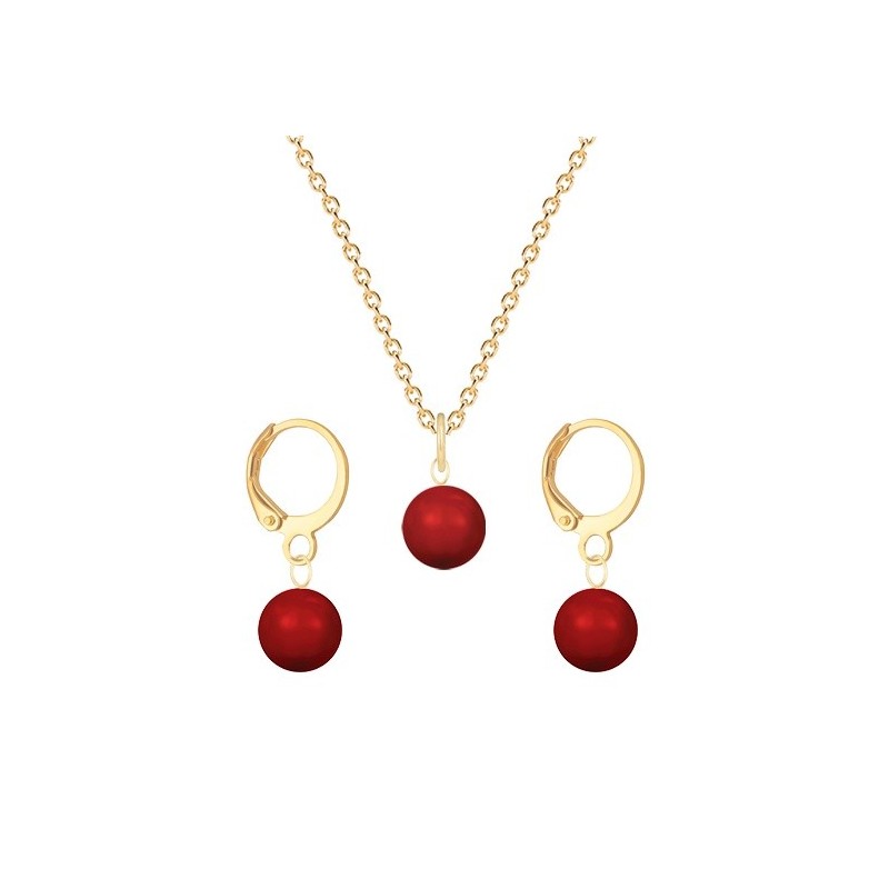 July Birthpearl Gold Plated Premium Steel Corel Red 8mm Austrian Crystal Pearl Pendant With Earrings Set