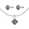 Silver Night Princess Cut Austrian Crystal Pendant With Dark Grey Cabochon 10mm Crystal Pearls Stud Earrings Set