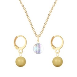 Gold Plated Premium Steel Aurora Borealis 8mm Austria Globe Pendant With Golden Crystal Pearl Hoop Earrings Set