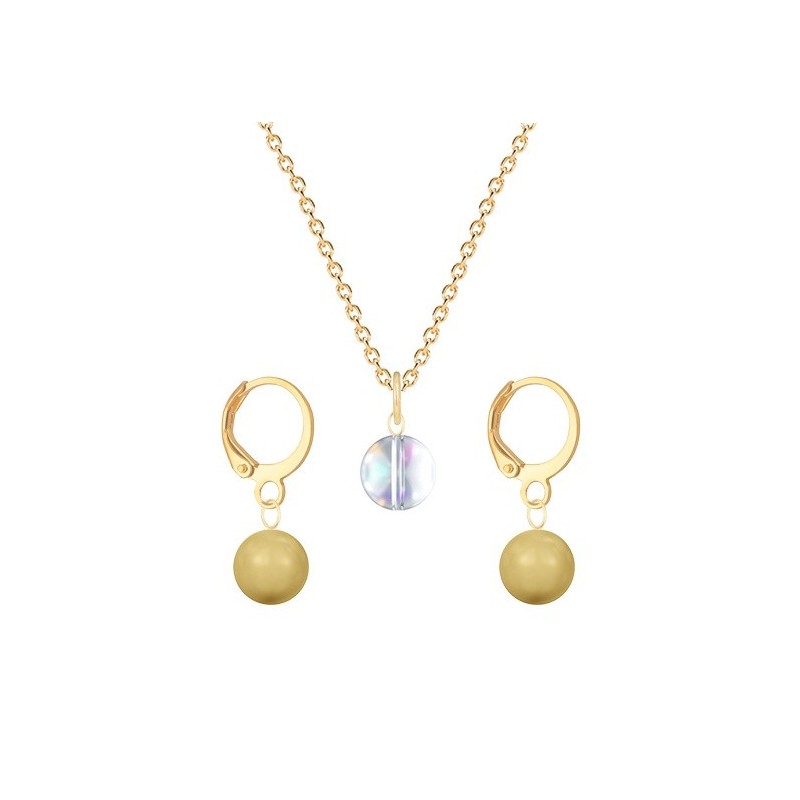 Gold Plated Premium Steel Aurora Borealis 8mm Austria Globe Pendant With Golden Crystal Pearl Hoop Earrings Set