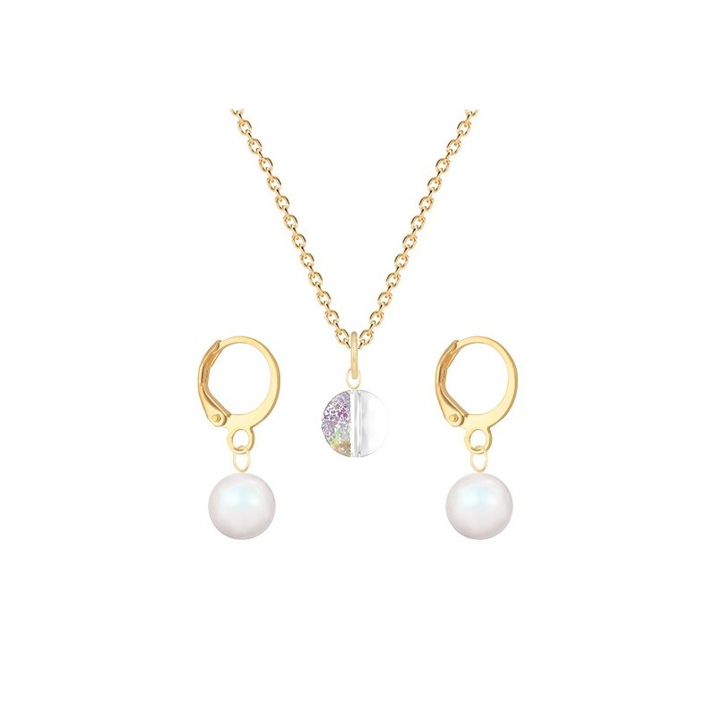 Gold Plated Premium Steel White Patina 8mm Austria Globe Pendant With Pearlescent White Crystal Pearl Hoop Earrings Set