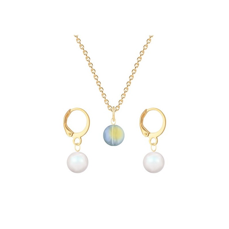 Gold Plated Premium Steel Iridescent Green 8mm Austria Globe Pendant With Pearlescent White Pearl Hoop Earrings Set