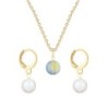 Gold Plated Premium Steel Iridescent Green 8mm Austria Globe Pendant With Pearlescent White Pearl Hoop Earrings Set