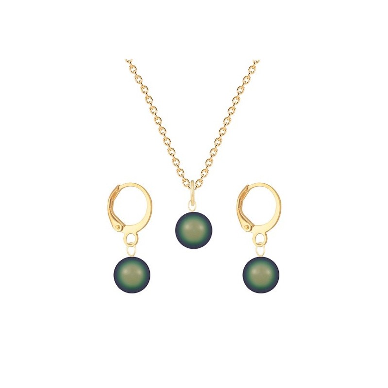 May Birthpearl Gold Plated Premium Steel Scarabaeus Green 8mm Austrian Crystal Pearl Pendant With Earrings Set