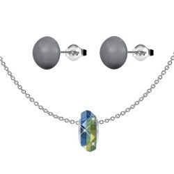 Iridescent Green Fortune Bead Premium Steel Necklace With Dark Grey Pearl Earrings Set Embellished with Austrian Crystals