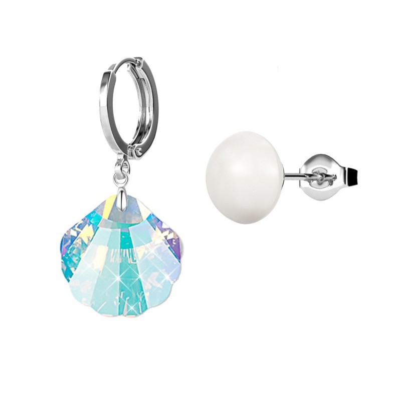 Crystal Aurora Borealis Seashell and Crystal Pearl Mismatched Earrings Embellished with Premium Grade Austrian Crystals