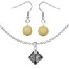 Silver Night Princess Cut Premium Grade Austrian Crystal Pendant Necklace And Golden Pearl Earrings Jewellery Set