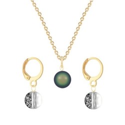 Gold Plated Premium Steel Scarabaeus Green Crystal Pearl Pendant With Black Patina Austria Globe Hoop Earrings Set