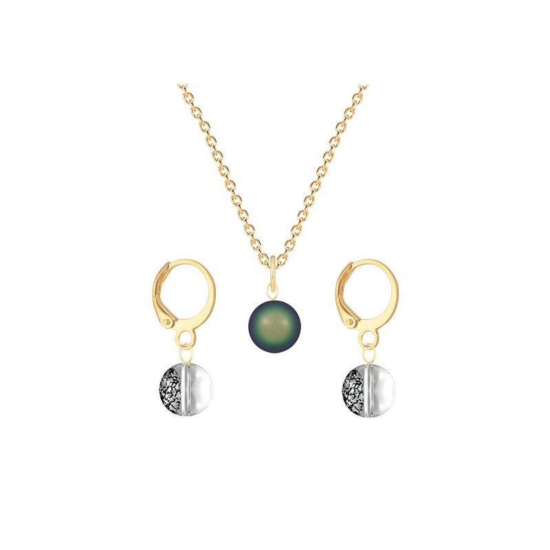 Gold Plated Premium Steel Scarabaeus Green Crystal Pearl Pendant With Black Patina Austria Globe Hoop Earrings Set