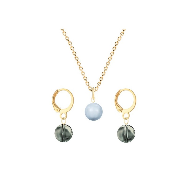 Gold Plated Premium Steel Light Blue Crystal Pearl Pendant With Black Diamond Austria Globe Hoop Earrings Set