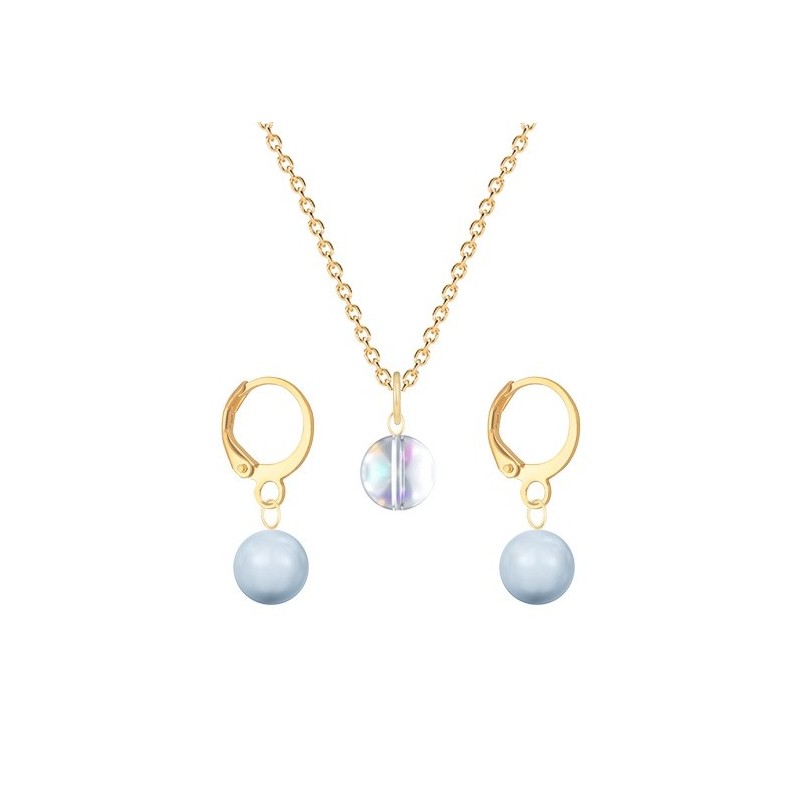 Gold Plated Premium Steel Aurora Borealis 8mm Austria Globe Pendant With Light Blue Crystal Pearl Hoop Earrings Set