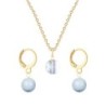 Gold Plated Premium Steel Aurora Borealis 8mm Austria Globe Pendant With Light Blue Crystal Pearl Hoop Earrings Set