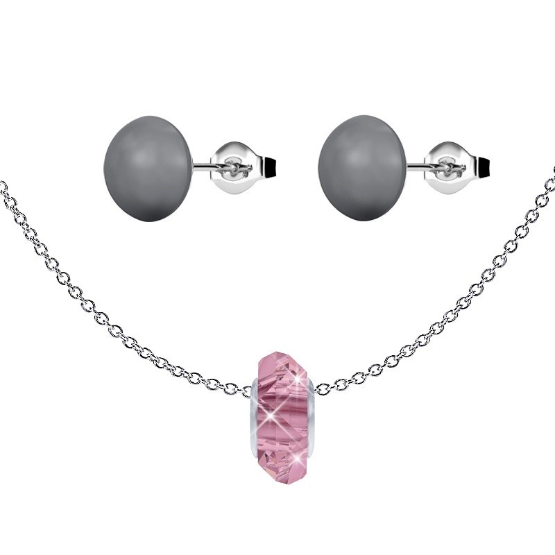 Light Rose Fortune Bead Premium Steel Necklace With Dark Grey Pearl Earrings Set Embellished with Austrian Crystals