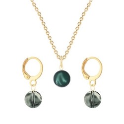 Gold Plated Premium Steel Iridescent Tahitian Crystal Pearl Pendant With Black Diamond Austria Globe Hoop Earrings Set