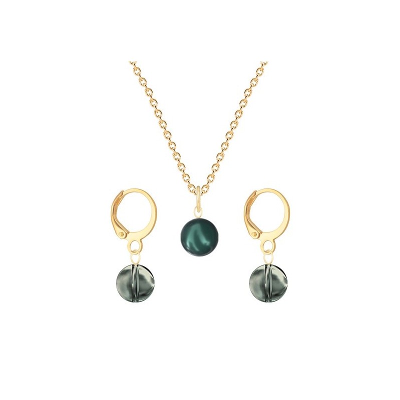 Gold Plated Premium Steel Iridescent Tahitian Crystal Pearl Pendant With Black Diamond Austria Globe Hoop Earrings Set