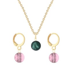 Gold Plated Premium Steel Iridescent Tahitian Crystal Pearl Pendant With Antique Pink Austria Globe Hoop Earrings Set