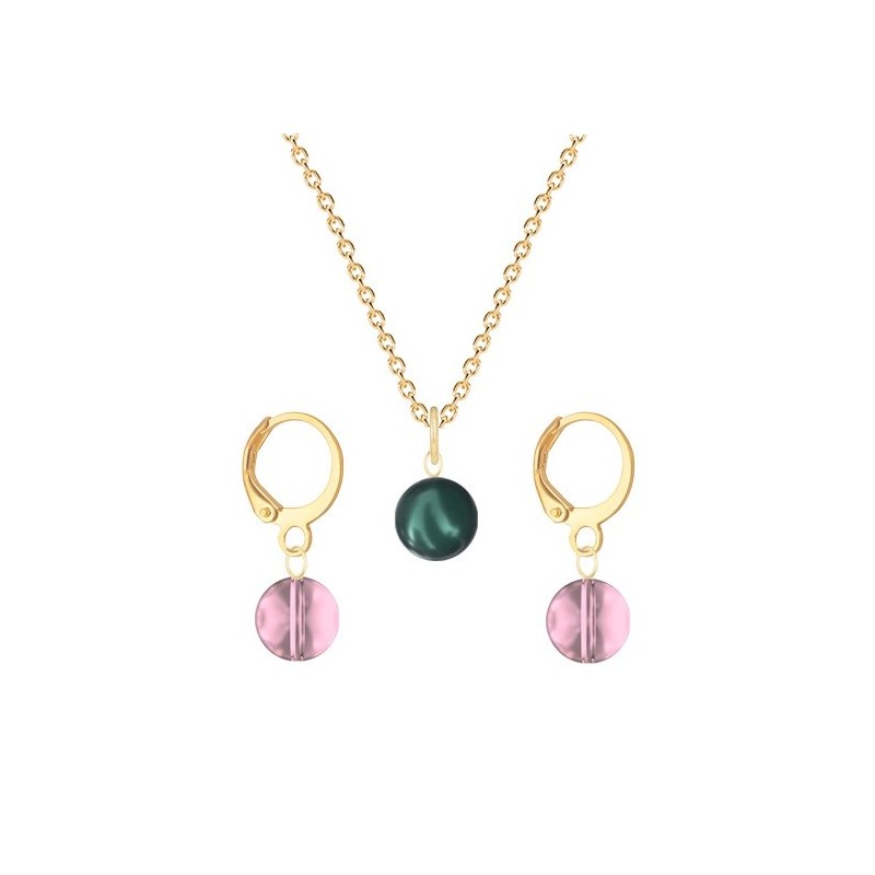 Gold Plated Premium Steel Iridescent Tahitian Crystal Pearl Pendant With Antique Pink Austria Globe Hoop Earrings Set