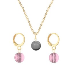 Gold Plated Premium Steel Grey Crystal Pearl Pendant With Antique Pink Austria Globe Hoop Earrings Set