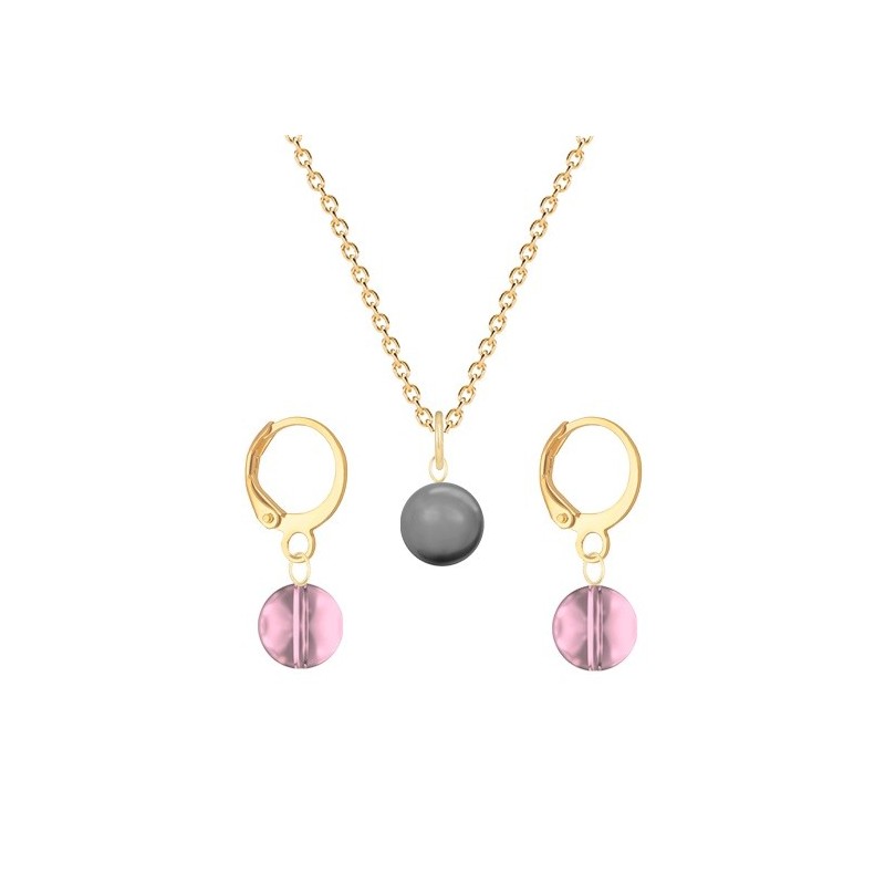 Gold Plated Premium Steel Grey Crystal Pearl Pendant With Antique Pink Austria Globe Hoop Earrings Set