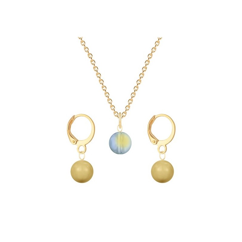 Gold Plated Premium Steel Iridescent Green 8mm Austria Globe Pendant With Golden Crystal Pearl Hoop Earrings Set