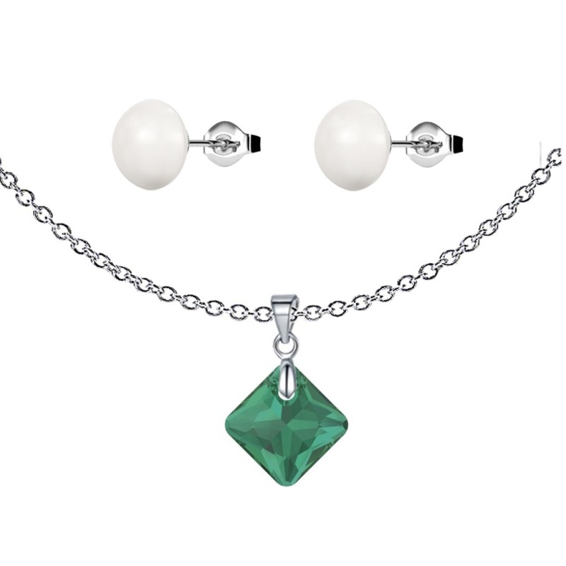 May Birthstone Emerald Princess Cut Crystal Pendant With White Cabochon 10mm Crystal Pearls Stud Earrings Set