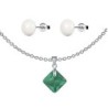 May Birthstone Emerald Princess Cut Crystal Pendant With White Cabochon 10mm Crystal Pearls Stud Earrings Set