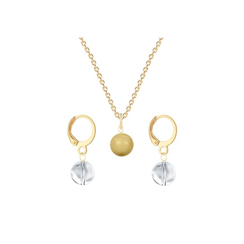 Gold Plated Premium Steel Golden Crystal Pearl Pendant With Crystal Clear Austria Globe Hoop Earrings Set