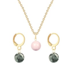 Gold Plated Premium Steel Rosaline Pink Crystal Pearl Pendant With Black Diamond Austria Globe Hoop Earrings Set