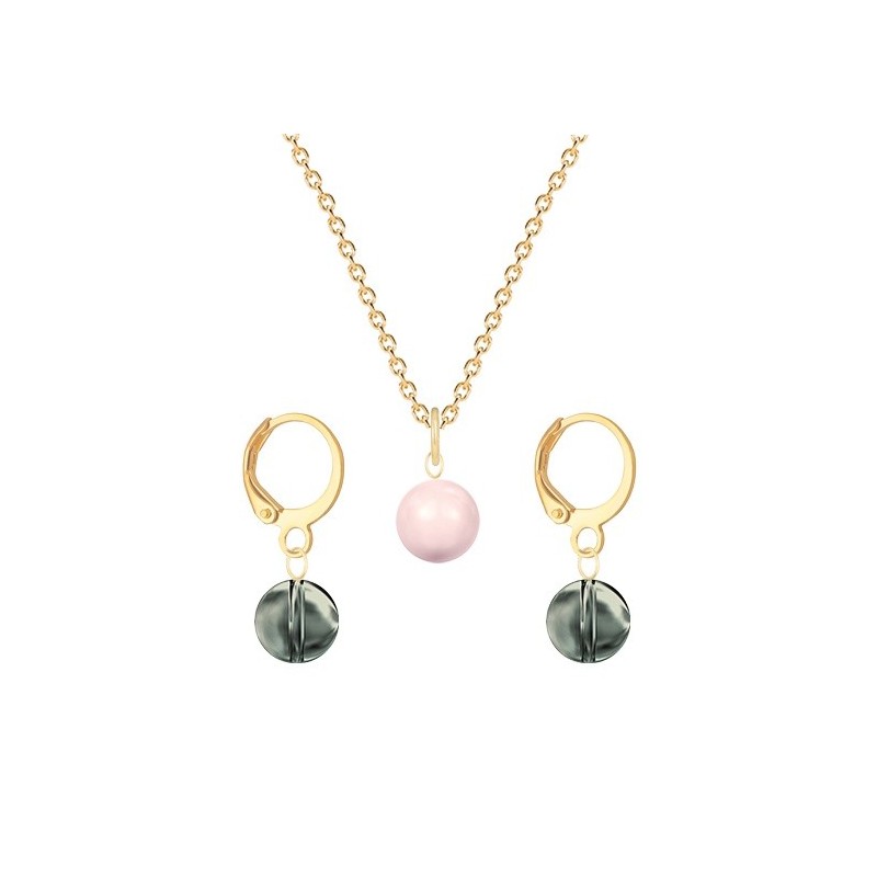 Gold Plated Premium Steel Rosaline Pink Crystal Pearl Pendant With Black Diamond Austria Globe Hoop Earrings Set