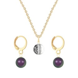 Gold Plated Premium Steel Black Patina 8mm Austria Globe Pendant With Iridescent Purple Crystal Pearl Hoop Earrings Set