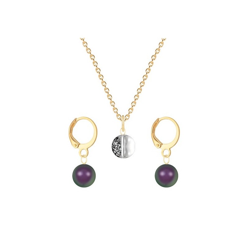 Gold Plated Premium Steel Black Patina 8mm Austria Globe Pendant With Iridescent Purple Crystal Pearl Hoop Earrings Set