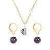 Gold Plated Premium Steel Black Patina 8mm Austria Globe Pendant With Iridescent Purple Crystal Pearl Hoop Earrings Set