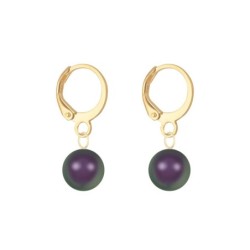 Gold Plated Premium Steel Black Patina 8mm Austria Globe Pendant With Iridescent Purple Crystal Pearl Hoop Earrings Set