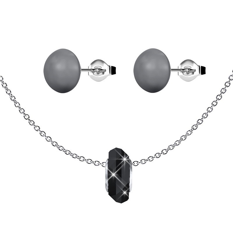 Jet Fortune Bead Premium Steel Necklace With Dark Grey Pearl Earrings Set Embellished with Austrian Crystals