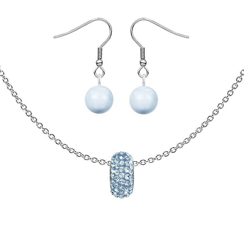 BeCharmed Pave Aquamarine Bead Slim Premium Steel Necklace With Earrings Set Embellished with Austrian Crystals