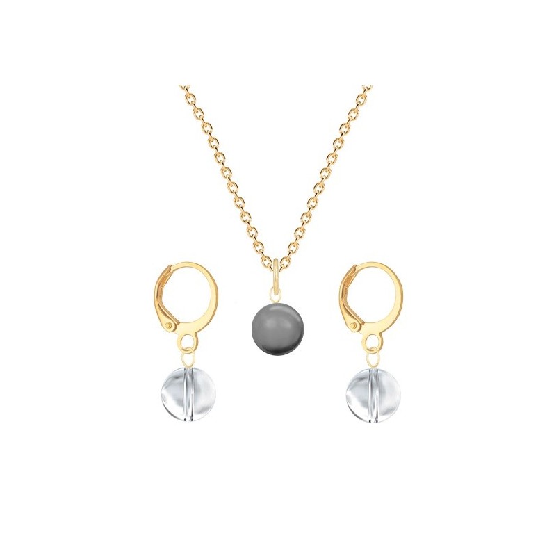 Gold Plated Premium Steel Grey Crystal Pearl Pendant With Crystal Clear Austria Globe Hoop Earrings Set