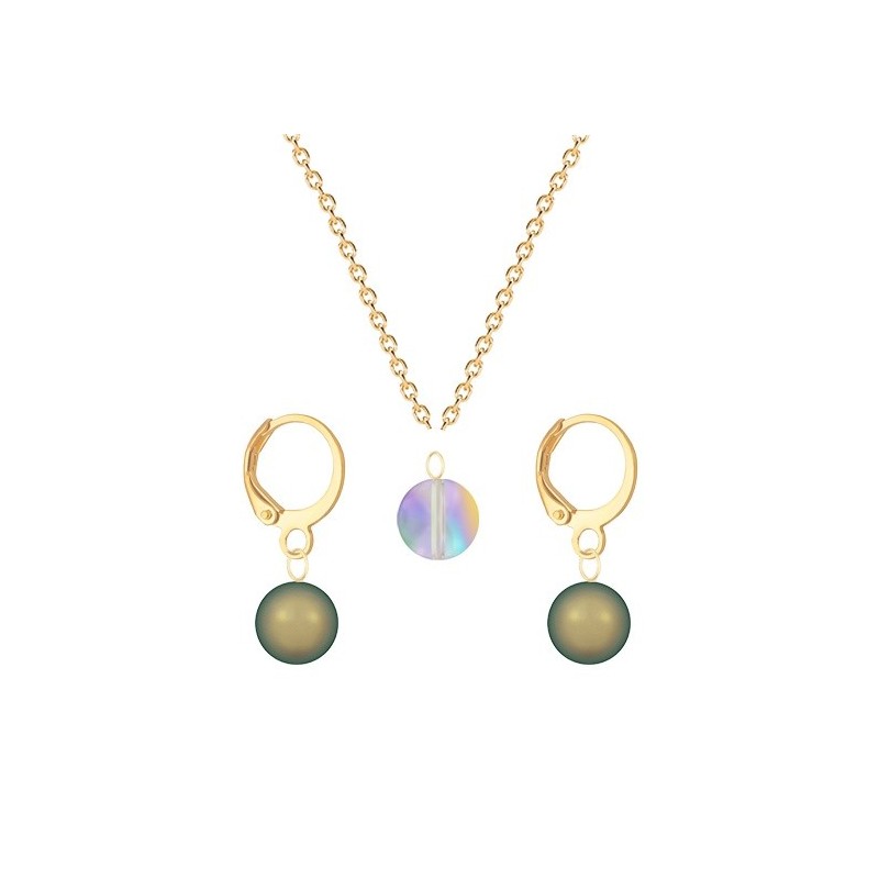 Gold Plated Premium Steel Paradise Shine 8mm Austria Globe Pendant With Iridescent Green Crystal Pearl Hoop Earrings Set