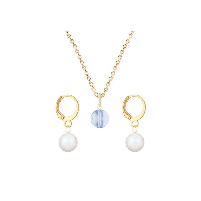 Gold Plated Premium Steel Blue Shade 8mm Austria Globe Pendant With Pearlescent White Crystal Pearl Hoop Earrings Set