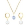 Gold Plated Premium Steel Blue Shade 8mm Austria Globe Pendant With Pearlescent White Crystal Pearl Hoop Earrings Set