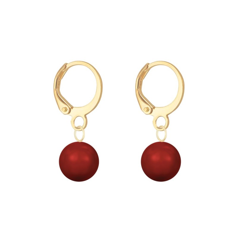 July Birthpearl Gold Plated Corel Red 8mm Crystal Pearl Hoop Earrings Embellished with Austrian Crystal Pearls