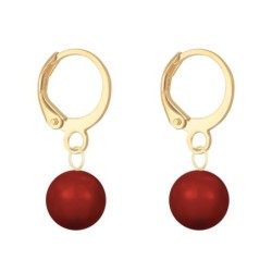 July Birthpearl Gold Plated Corel Red 8mm Crystal Pearl Hoop Earrings Embellished with Austrian Crystal Pearls