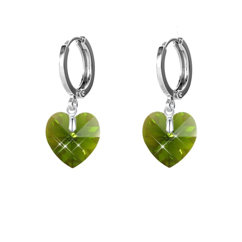 Crystal Olivine Dainty Heart 18K White Gold Plated Hoop Earrings Embellished with Premium Grade Austrian Crystals