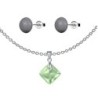 August Birthstone Peridot Princess Cut Crystal Pendant With Dark Grey Cabochon 10mm Crystal Pearls Stud Earrings Set